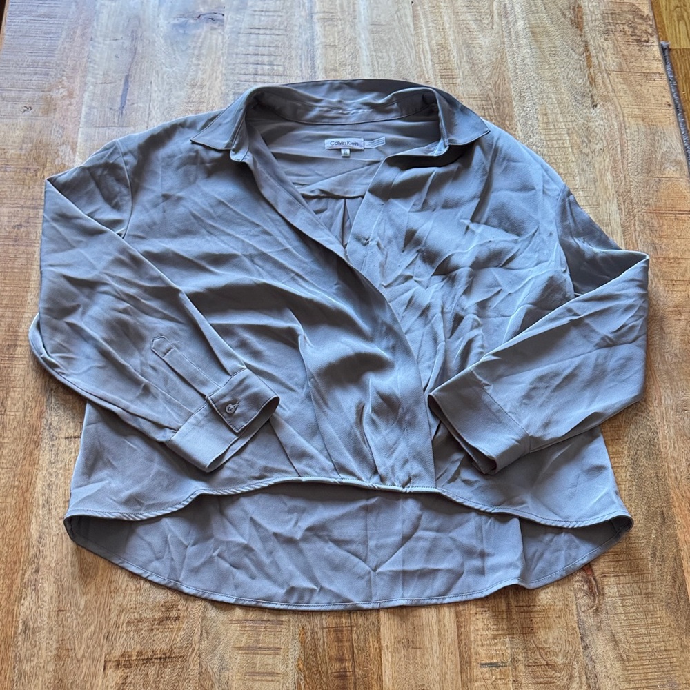 Calvin Klein CK Women's faux wrap high low hi low long sleeve Shirt blouse NWT